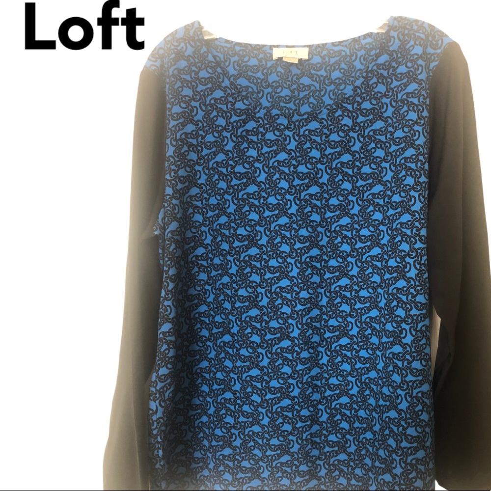 LOFT Chain Print Long Sleeve Pullover Top Blue & Black L